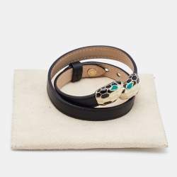 Bvlgari Serpenti Forever Black Leather Enamel Gold Tone Wrap Bracelet