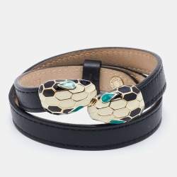 Bvlgari Serpenti Forever Black Leather Enamel Gold Tone Wrap Bracelet