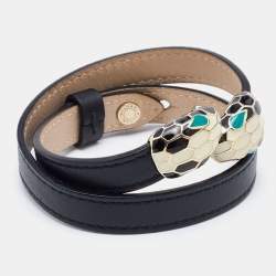 Bvlgari Serpenti Forever Black Leather Enamel Gold Tone Wrap Bracelet