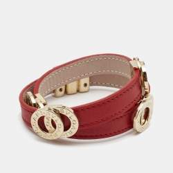 Bvlgari Red Leather Double-Coiled Gold Tone Wrap Bracelet
