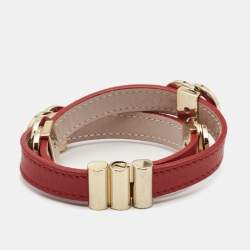 Bvlgari Red Leather Double-Coiled Gold Tone Wrap Bracelet