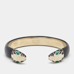 Bvlgari Serpenti Forever Enamel Leather Gold Tone Open Cuff Bracelet 