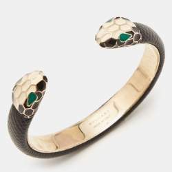 Bvlgari Serpenti Forever Enamel Leather Gold Tone Open Cuff Bracelet 