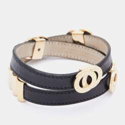 Bvlgari Black Leather Gold Tone Double Coiled Wrap Bracelet