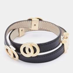 Bvlgari Black Leather Gold Tone Double Coiled Wrap Bracelet