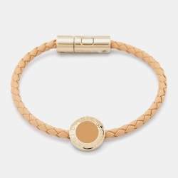 Bvlgari Bvlgari Beige Enamel & Leather Gold Tone Braided Bracelet