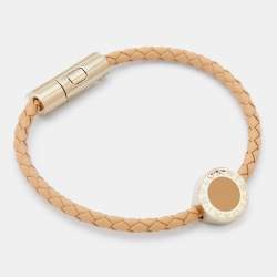 Bvlgari Bvlgari Beige Enamel & Leather Gold Tone Braided Bracelet