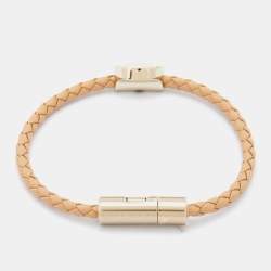 Bvlgari Bvlgari Beige Enamel & Leather Gold Tone Braided Bracelet