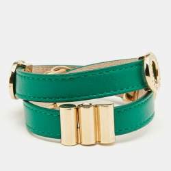 Pre Owned Bvlgari Green Leather Gold Tone Double Wrap Bracelet