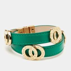 Pre Owned Bvlgari Green Leather Gold Tone Double Wrap Bracelet