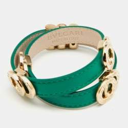 Pre Owned Bvlgari Green Leather Gold Tone Double Wrap Bracelet