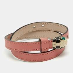 Pre Owned Bvlgari Serpenti Forever Leather Enamel Gold Tone Bracelet