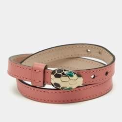 Pre Owned Bvlgari Serpenti Forever Leather Enamel Gold Tone Bracelet