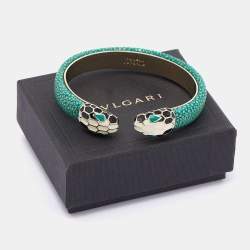 Bvlgari Serpenti Forever Enamel Green Galuchat Leather Gold Plated Open Cuff Bracelet 