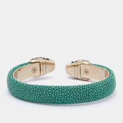 Bvlgari Serpenti Forever Enamel Green Galuchat Leather Gold Plated Open Cuff Bracelet 