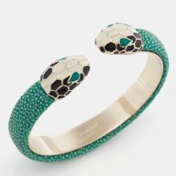 Bvlgari Serpenti Forever Enamel Green Galuchat Leather Gold Plated Open Cuff Bracelet 