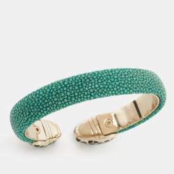Bvlgari Serpenti Forever Enamel Green Galuchat Leather Gold Plated Open Cuff Bracelet 