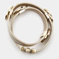 Pre Owned Bvlgari Interlocking Circles Leather Gold Tone Double Wrap Bracelet