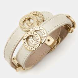 Pre Owned Bvlgari Interlocking Circles Leather Gold Tone Double Wrap Bracelet
