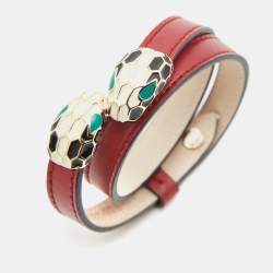 Pre Owned Bvlgari Serpenti Forever Leather Enamel Gold Tone Double Wrap Bracelet