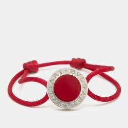 Pre Owned Bvlgari Red Enamel Sterling Silver Adjustable Cord Bracelet
