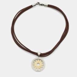 Bvlgari Tondo Sun Stainless Steel 18k Yellow Gold Leather Cord Necklace