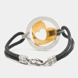 Pre Owned Bvlgari Tondo Cuore Heart 18k Yellow Gold Stainless Steel Cord Bracelet