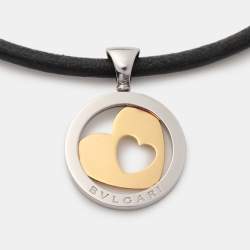 Pre Owned Bvlgari Tondo Heart 18k Yellow Gold & Stainless Steel Pendant Leather Cord Necklace