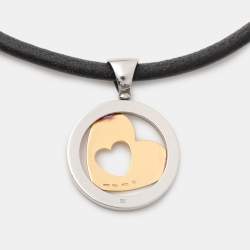 Pre Owned Bvlgari Tondo Heart 18k Yellow Gold & Stainless Steel Pendant Leather Cord Necklace