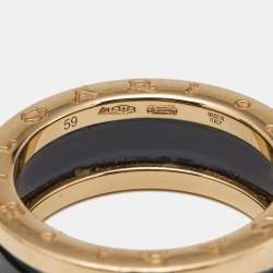 Pre Owned Bvlgari B.Zero1 Black Ceramic 18k Rose Gold 2 Bands Ring Size 59