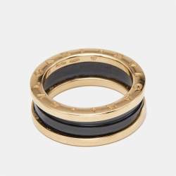 Pre Owned Bvlgari B.Zero1 Black Ceramic 18k Rose Gold 2 Bands Ring Size 59