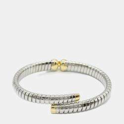 Bvlgari Stainless Steel and 18K Yellow Gold Tubogas Hearts Open Flex Bangle