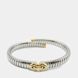 Bvlgari Stainless Steel and 18K Yellow Gold Tubogas Hearts Open Flex Bangle
