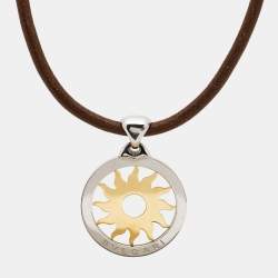 Pre Owned Bvlgari Tondo Sun 18k Yellow Gold & Stainless Steel Pendant Cord Necklace