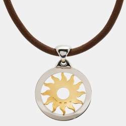 Pre Owned Bvlgari Tondo Sun 18k Yellow Gold & Stainless Steel Pendant Cord Necklace