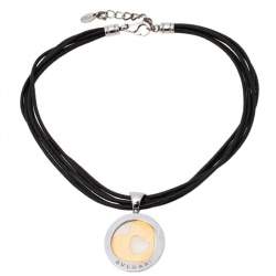 Pre Owned Bvlgari Tondo Heart 18k Gold & Stainless Steel Pendant Cord Necklace