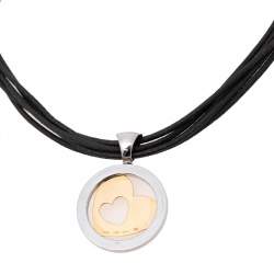 Pre Owned Bvlgari Tondo Heart 18k Gold & Stainless Steel Pendant Cord Necklace