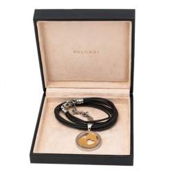 Pre Owned Bvlgari Tondo Heart 18k Gold & Stainless Steel Pendant Cord Necklace