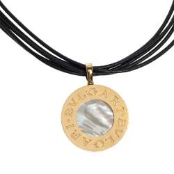 Pre Owned Bvlgari 18K Yellow Gold Steel MOP Onyx Pendant Leather Cord Necklace