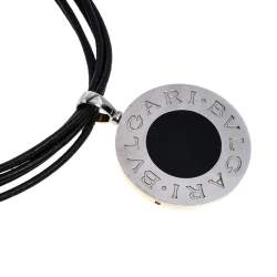 Pre Owned Bvlgari 18K Yellow Gold Steel MOP Onyx Pendant Leather Cord Necklace