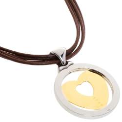 Pre Owned Bvlgari Tondo Heart 18K Yellow Gold & Stainless Steel Large Pendant Cord Necklace