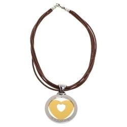Pre Owned Bvlgari Tondo Heart 18K Yellow Gold & Stainless Steel Large Pendant Cord Necklace