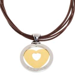 Pre Owned Bvlgari Tondo Heart 18K Yellow Gold & Stainless Steel Large Pendant Cord Necklace