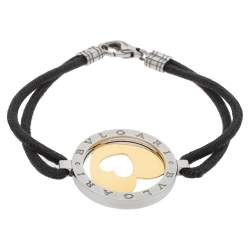 Pre Owned Bvlgari Tondo Heart 18K Yellow Gold & Stainless Steel Cord Bracelet