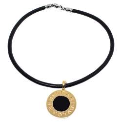 Pre Owned Bvlgari Black Onyx 18K Yellow Gold & Stainless Steel Reversible Pendant Leather Necklace