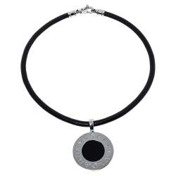 Pre Owned Bvlgari Black Onyx 18K Yellow Gold & Stainless Steel Reversible Pendant Leather Necklace