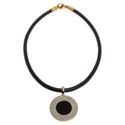 Pre Owned Bvlgari Onyx 18K Yellow Gold Stainless Steel Leather Cord Pendant Necklace