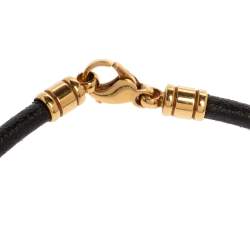 Pre Owned Bvlgari Onyx 18K Yellow Gold Stainless Steel Leather Cord Pendant Necklace