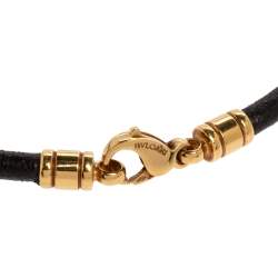 Pre Owned Bvlgari Onyx 18K Yellow Gold Stainless Steel Leather Cord Pendant Necklace
