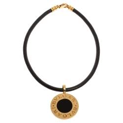 Pre Owned Bvlgari Onyx 18K Yellow Gold Stainless Steel Leather Cord Pendant Necklace